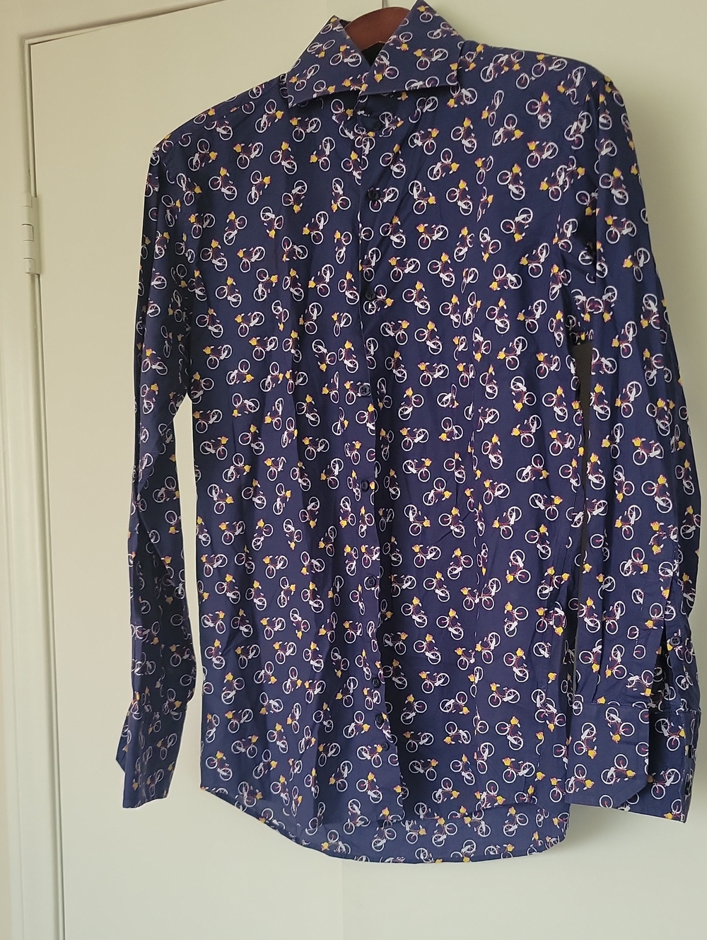Men's Navy Printed Long-Sleeve Dress Shirt with Circular Motif